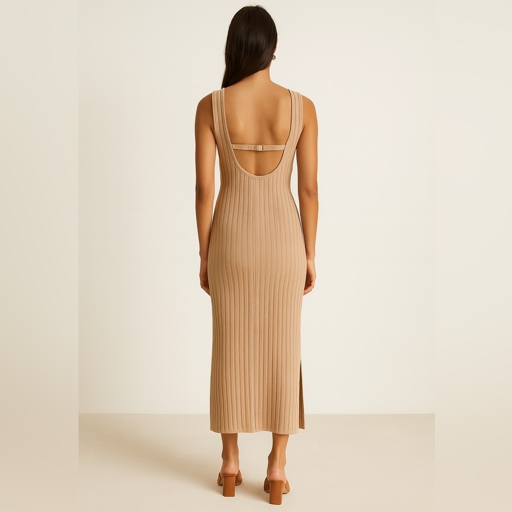 Sancia Ribbed Knit Maxi Dress XS Tan Beige Cotton Sleeveless Belted Tie Front - Picture 2 of 9